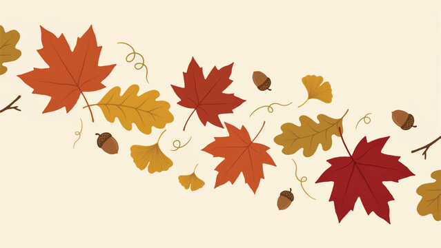 Autumn leaves and acorns falling down on beige background
