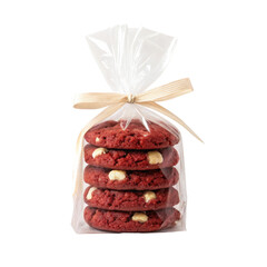 Red velvet cookies in transparent cellophane gift bag with ribbon mockup isolated for bakery retail pack © Anna