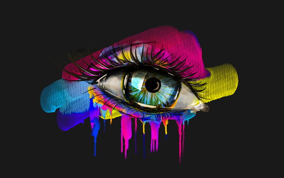 Colorful Eye With Paint Splashes and Drips on a Dark Background