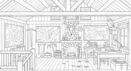 Obraz premium A rustic mountain cabin interior featuring a stone fireplace and maps