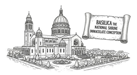 Obraz premium Basilica National Shrine Immaculate Conception Sketch Drawing, Washington DC Landmark