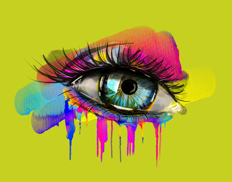 Colorful Eye Drawing With Paint Drips on a Bright Background