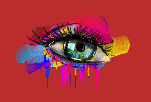 Creative Artwork of an Eye With Colorful Paint on a Red Background