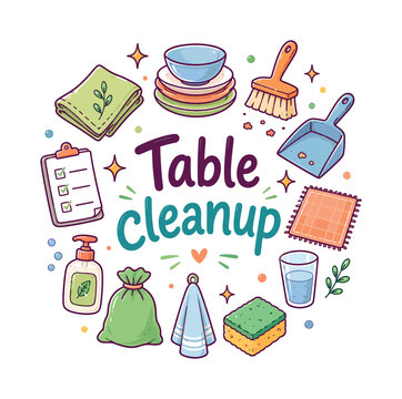 Table cleanup. Hand drawn illustration of Table cleanup. folded napkin, dish stack, crumb brush, dustpan, placemat, water glass, sponge, towel, waste bag, soap bottle, checklist, sparkle stars
