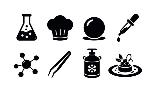 Molecular Gastronomy. Filled icon set of Molecular Gastronomy: laboratory flask, chef hat, food sphere, pipette dropper, molecular structure, plating tweezers, liquid nitrogen tank, gourmet dish.