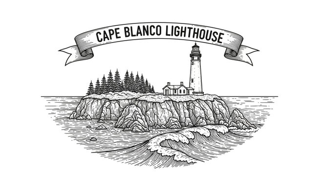 Cape Blanco Lighthouse, Oregon Coast, Vintage Engraving Style