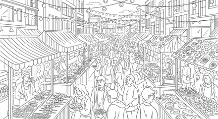 Fototapeta premium Black and white illustration of a busy outdoor food market scene