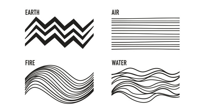 Abstract four classical elements icons set: Earth, Air, Fire, and Water with wave and zigzag patterns in a minimalist graphic.