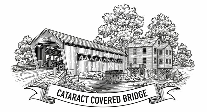 Cataract Covered Bridge, Historic Landmark, Rural Landscape, Sketch Style