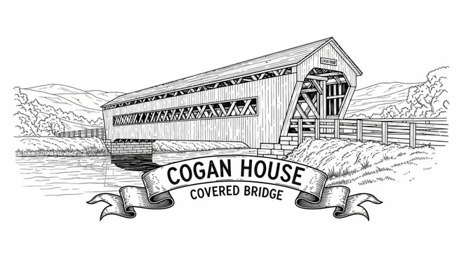 Cogan House Covered Bridge, Vintage Illustration, Rural Landscape, Black and White Sketch