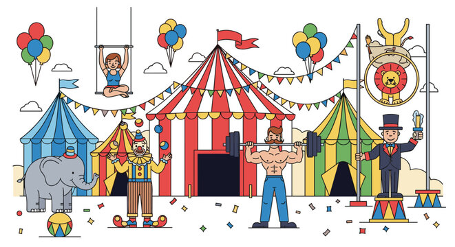 Festive circus performance scene with performers and animals line art illustration