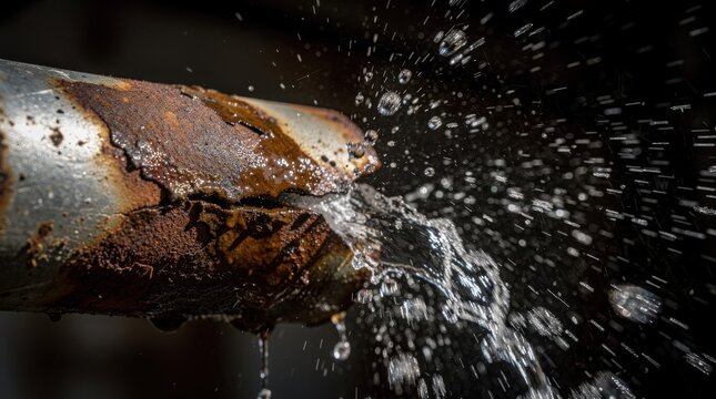 Rusty metal pipe leaking water with droplets spraying outward against a dark background.