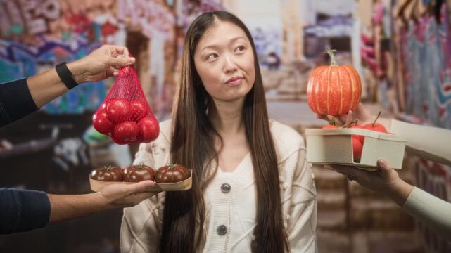 Woman evaluates offered tomatoes and a small pumpkin while looking up with a puzzled expression in a street market; hesitation choice.