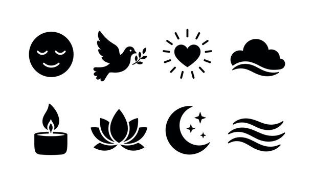 Inner Peace and Relaxation. Filled icon set of Inner Peace and Relaxation: peaceful face, dove bird, heart aura, cloud serenity, candle flame, lotus flower, moon crescent, flowing water. Solid icons