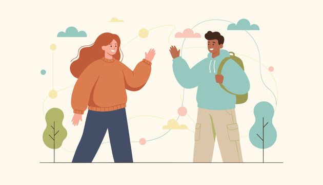 Friendly young woman and man waving to each other with a background of colorful lines, trees, and clouds in a park.