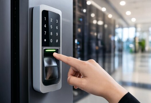 Hand pressing electronic keypad on modern security door with fingerprint sensor, illustrating secure access control, digital authentication, office entrance, smart technology, protection system.