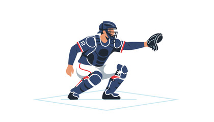 Obraz premium Professional baseball catcher in full protective gear crouching and reaching out to catch the ball on the home plate.