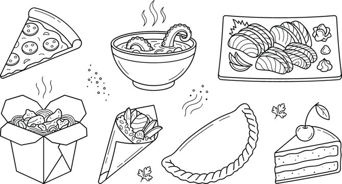 International food and fast delivery vector line art icon set featuring pizza sushi soup noodles calzone dessert cake.