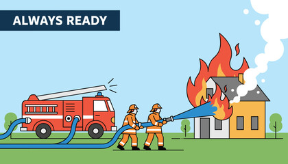 Fototapeta premium Brave firefighters spraying water from a hose to extinguish a burning house fire next to their red firetruck.