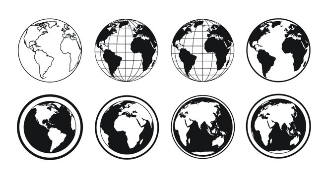 Assorted globe icons in multiple styles for graphic design and mapping.