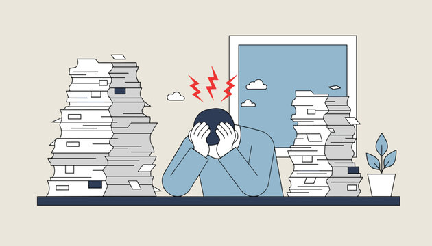 Stressed office worker sitting at his desk and holding his head in despair while surrounded by huge piles of documents.