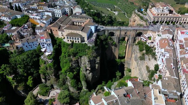 Aerial panoramic view of the Puente Nuevo (New Bridge) in Ronda, Granada, Andalusia, Spain.