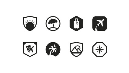 Modern monochrome travel themed icons showcase vacation essentials in sleek geometric badges for branding © Sharmistha