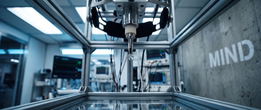 Futuristic neurotechnology medical research device in high tech laboratory with neural interface probe, background monitors, metallic frame, concrete wall with mind text, sci-fi biomedical testing.