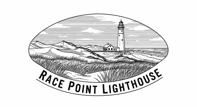 Race Point Lighthouse drawing in oval frame with dunes and sea sketch
