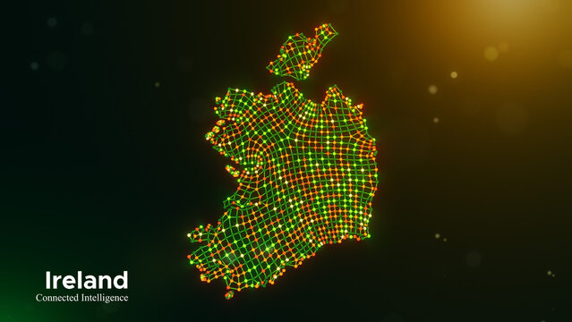 Ireland connected intelligence concept featuring a digital node network map and modern typography on a vibrant green yellow orange technology background with glowing bokeh lights.