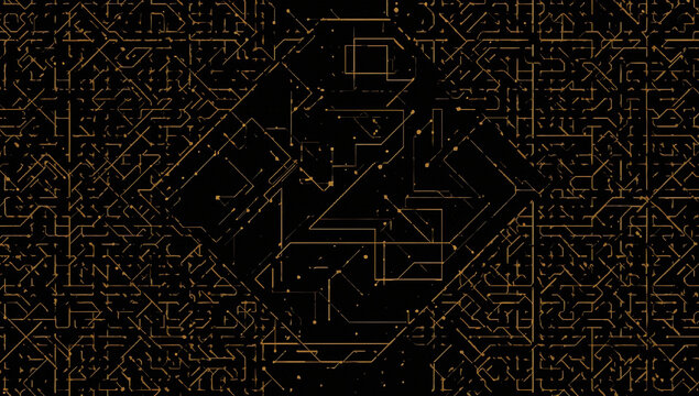 Luxury black abstract tech background with golden circuit board microchip pattern