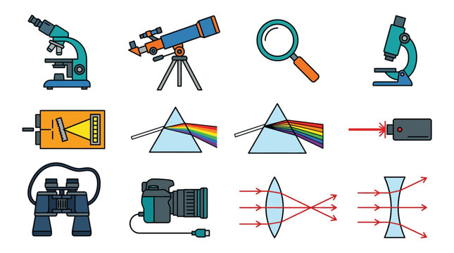 Collection of various optical and scientific instruments and tools for research and analysis.