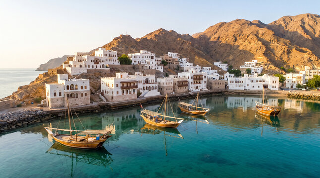 Traditional coastal village with white stone houses, wooden dhow boats in turquoise harbor, scenic mountain landscape at golden hour
