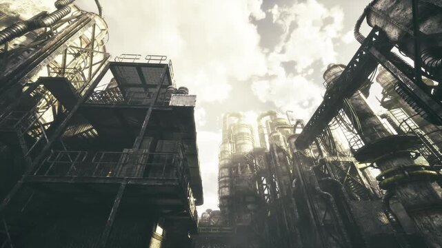 Retrofuturistic steampunk towers with ornate pipes and ironwork under amber sky, mechanical aesthetic, textured surfaces and gearlike silhouettes.
