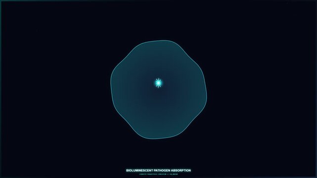 Glowing pathogen absorption under microscope, dark environment