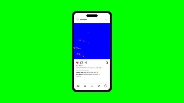 Instagram smartphone mockup with flying hearts like animation on green screen and blue screen 4k loop