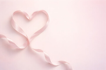 Fototapeta premium Pink ribbon shaped into a heart on soft pink background with copy space