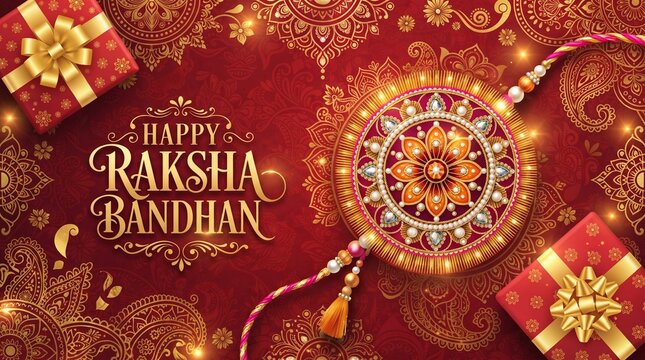 Greeting background with decorated rakhi and gift for Raksha Bandhan (Bond of protection and care) &ndash; Indian festival of sisters and brothers.