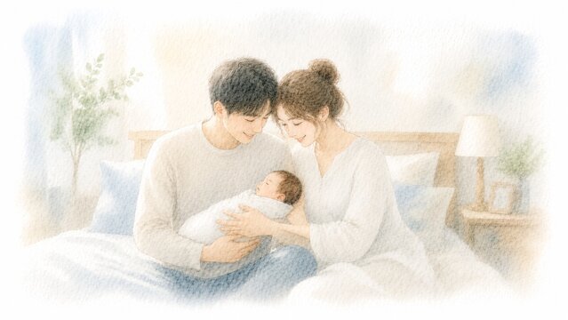 寝室のベッドで生まれたばかりの赤ちゃんを優しく抱っこする夫婦の穏やかな時間