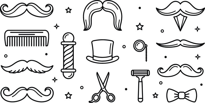 Barber shop gentleman mustache vector line art set featuring comb scissors razor monocle bowtie barber pole top hat star elements.
