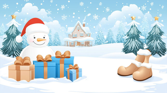 A cheerful snowman wearing a Santa hat stands with wrapped gifts in a snowy winter landscape featuring pine trees, boots, and a cozy house.