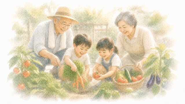 畑で祖父母と一緒に笑顔で野菜を収穫する楽しそうな孫たちのイラスト