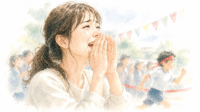 運動会で子供の頑張りに感動して大きな声で応援する母親の姿