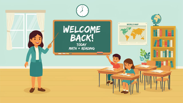 cartoon classroom with teacher and students  education and learning concept