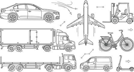 Obraz premium Logistics and transportation vector line art icon set featuring sedan car airplane semi truck flatbed van forklift bicycle electric scooter.