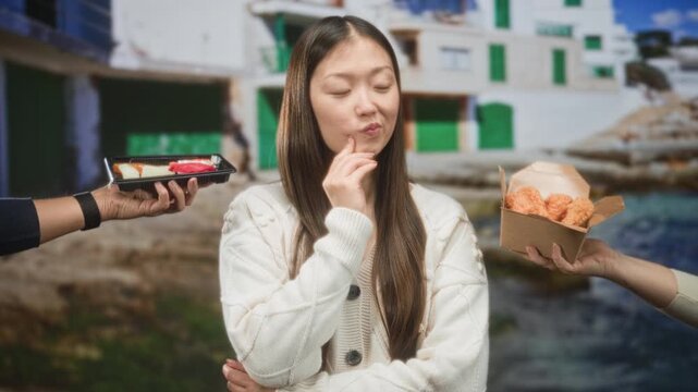 Young chinese woman with finger to chin, offered sushi tray and cardboard takeout box outside white building by the water; curiosity decision.