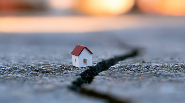 Tiny model house stands precariously on a cracked concrete surface, symbolizing vulnerability, risk, and structural damage or instability