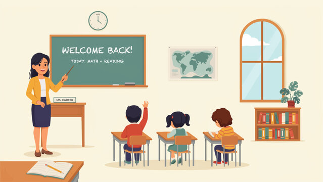 cartoon classroom scene with teacher and students learning in school