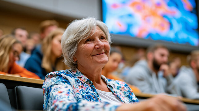 Immunology professor delivering lecture on thymic involution to medical students in tiered university auditorium, aging immune cell diagram filling projection screen, elderly model volunteer seated 