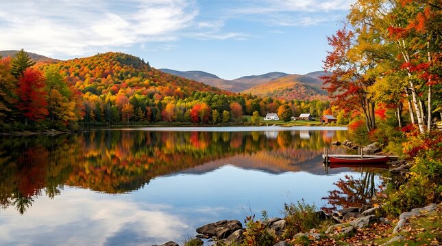 Autumn landscape in Vermont, colorful red, orange, and yellow forests reflected in a calm lake, seasonal beauty